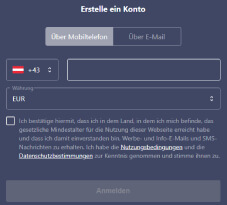 Das Formular zur Registrierung bei Betmaster
